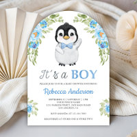 Blue Watercolor Floral Penguin Baby Shower