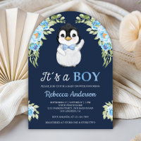 Blue Watercolor Floral Penguin Navy Baby Shower