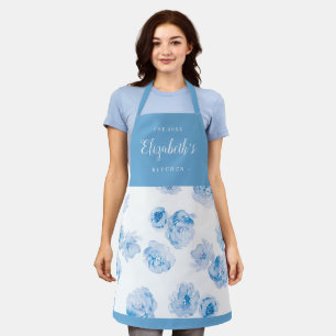 Blue watercolor floral personalised cooking apron