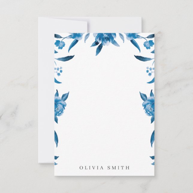 Blue watercolor floral Personalised Stationery Card (Front)