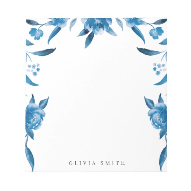 Blue watercolor floral Personalised Stationery Notepad (Front)