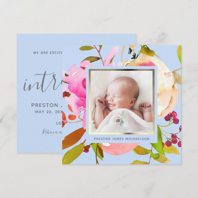 Blue Watercolor Floral Photo Birth Announcement (Front/Back)
