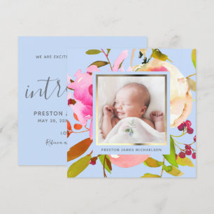 Blue Watercolor Floral Photo Birth Announcement