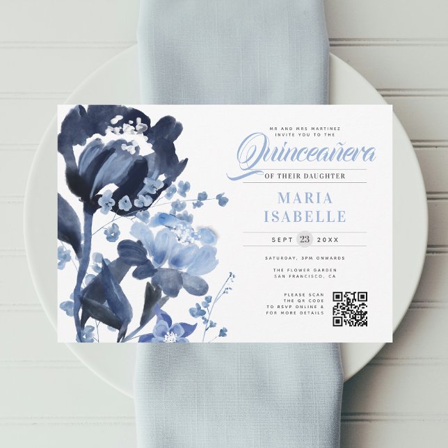 Blue Watercolor Floral QR Code Quinceañera Invitation (Watercolor Blue Wildflowers Quinceanera Birthday Invitation QR Code RSVP)