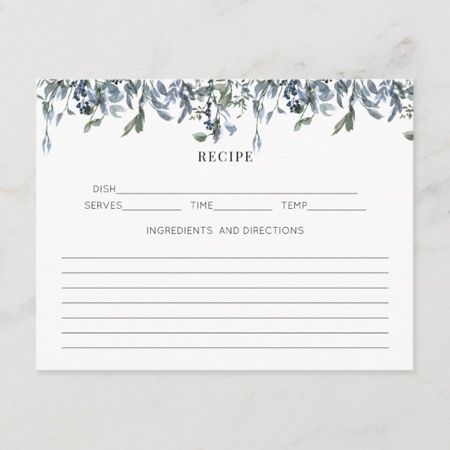 Blue Watercolor Floral Recipe Enclosure Card (Front)