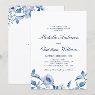 Blue Watercolor Floral Rehearsal Dinner Invitation