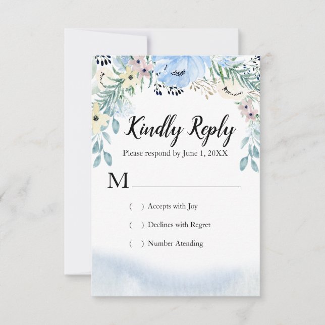Blue Watercolor Floral  RSVP Response Cards (Front)