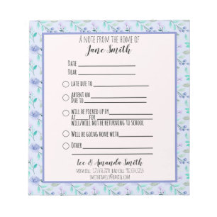 Blue Watercolor Floral School Note Excuse 1 Child