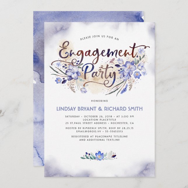 Blue Watercolor Floral Script Engagement Party Invitation (Front/Back)
