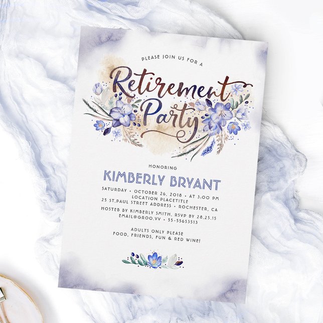 Blue Watercolor Floral Script Retirement Party Invitation (Creator Uploaded)