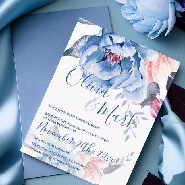 Blue Watercolor Floral Script Wedding Postcard (Blue Watercolor Floral Script Wedding Invitation Postcard )