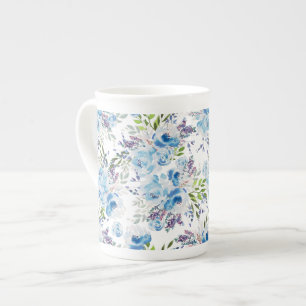 Blue Watercolor Floral Seamless Pattern Bone China Mug