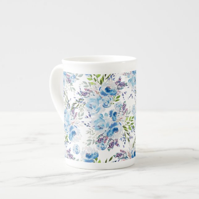 Blue Watercolor Floral Seamless Pattern Bone China Mug (Front Left)