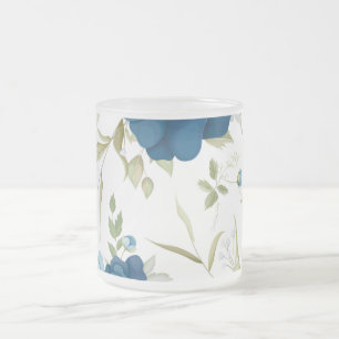 Blue Watercolor Floral Seamless Pattern Frosted Glass Coffee Mug