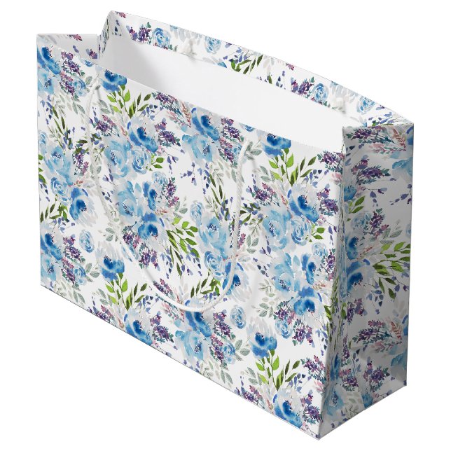 Blue Watercolor Floral Seamless Pattern Large Gift Bag (Back Angled)