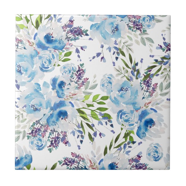 Blue Watercolor Floral Seamless Pattern Tile (Front)