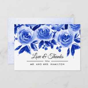 Blue Watercolor Floral Thank You Wedding Flat Card