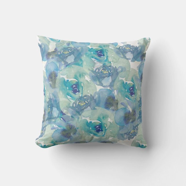 Blue Watercolor Floral Throw Pillow (Front)