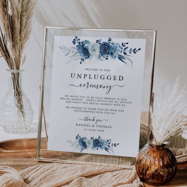 Blue watercolor floral Unplugged ceremony sign (Creator Uploaded)