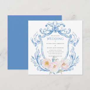 Blue Watercolor Floral Vintage Wedding Invitation
