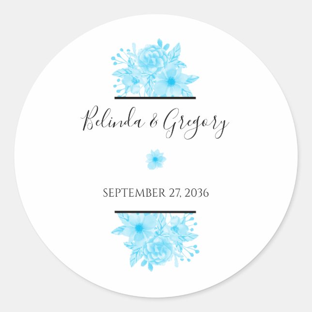 Blue Watercolor Floral Wedding Classic Round Sticker (Front)