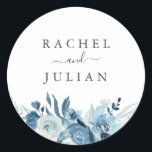 Blue watercolor floral wedding classic round sticker<br><div class="desc">An elegant floral design with painted blue watercolor flowers. The text details and colours can be edited.</div>