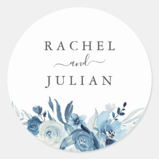 Blue watercolor floral wedding classic round sticker