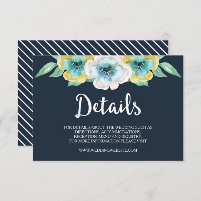 Blue Watercolor Floral Wedding Details Card (Front/Back)