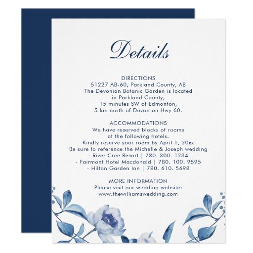 Image of Blue Watercolor Floral Wedding Details Info Card