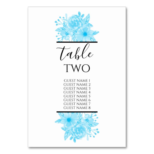 Blue Watercolor Floral Wedding Guest Names Table Number (Front)