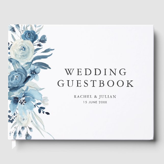 Blue watercolor floral wedding guestbook (Front)