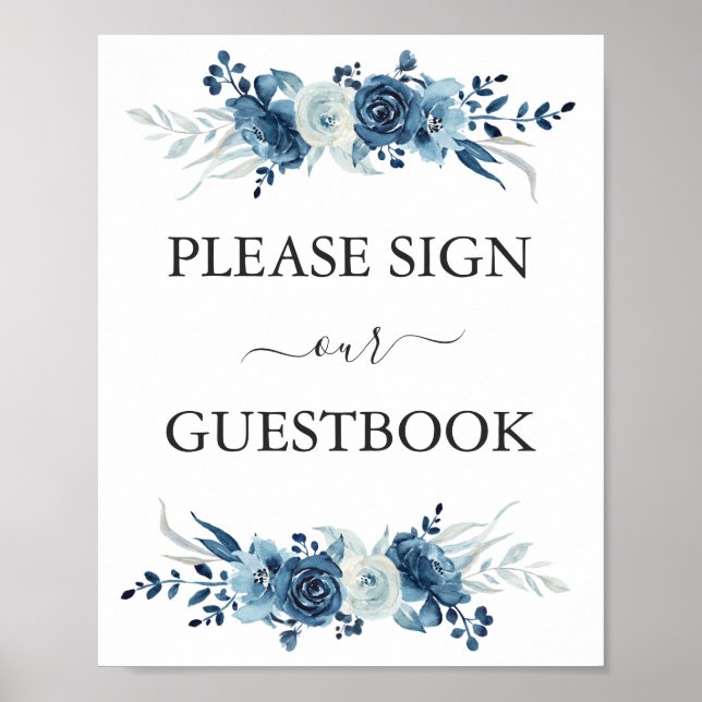 Blue watercolor floral wedding guestbook sign (Front)