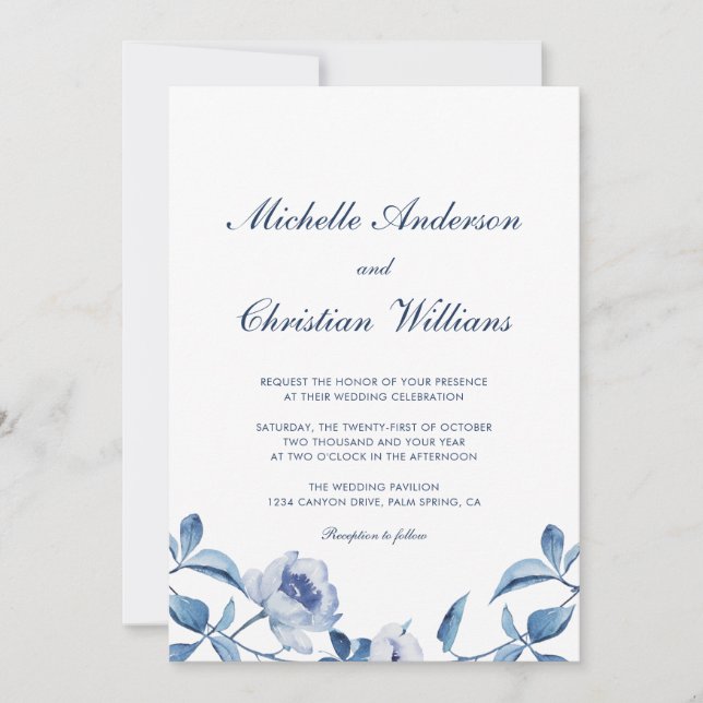 Blue Watercolor Floral Wedding Invitation (Front)