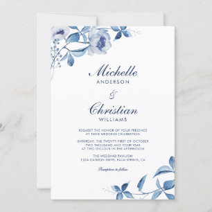 Blue Watercolor Floral Wedding Invitation