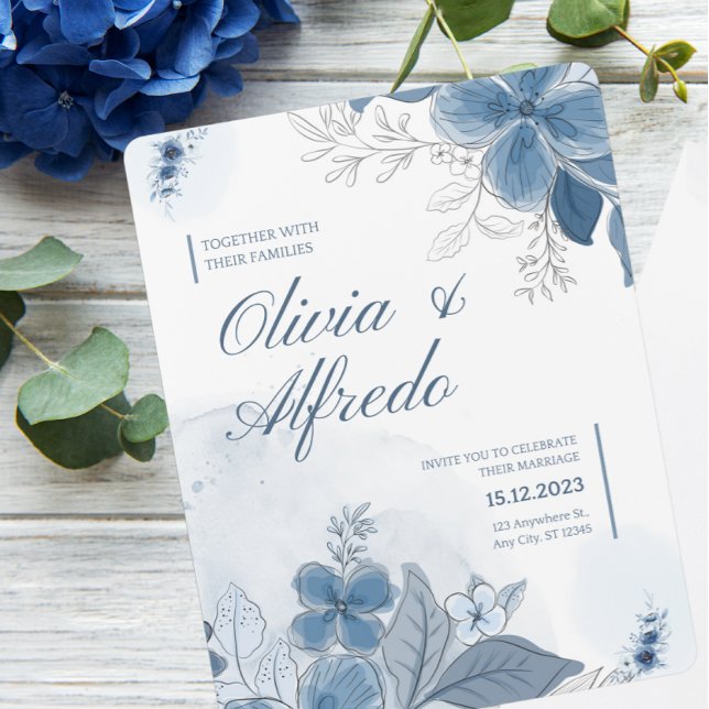 Blue Watercolor Floral Wedding Invitation (Creator Uploaded)