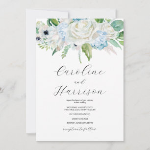 Blue Watercolor Floral Wedding Invitation Elegant