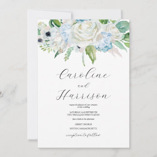 Blue Watercolor Floral Wedding Invitation Elegant