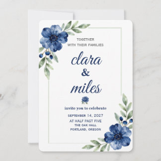 Blue Watercolor Floral Wedding Invitation Template