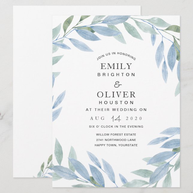 Blue Watercolor Floral Wedding Invitations (Front/Back)