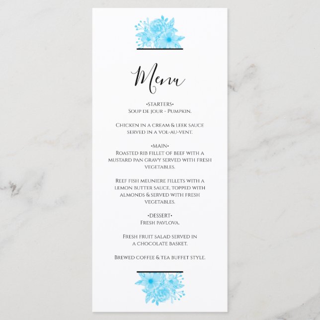 Blue Watercolor Floral Wedding Menu (Front)