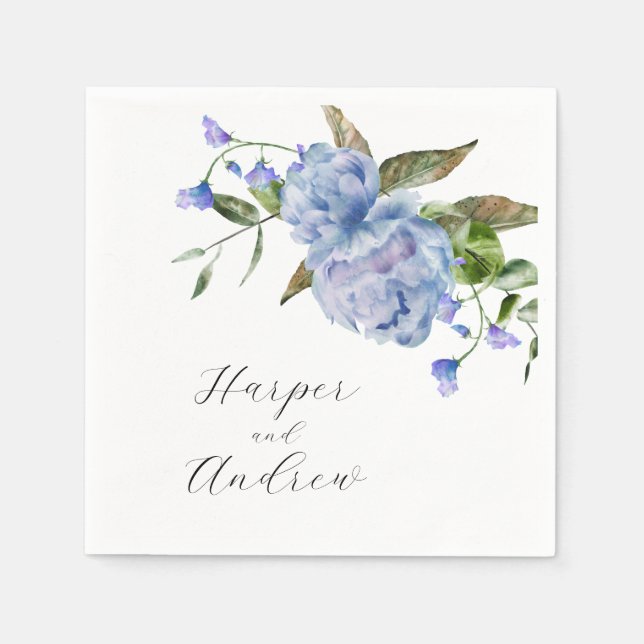 Blue Watercolor Floral Wedding Napkin (Front)