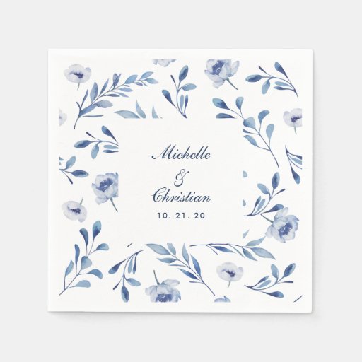Image of Blue Watercolor Floral Wedding Napkin Disposable Napkin