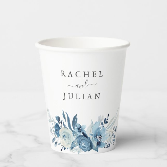 Blue watercolor floral wedding paper cups (Front)