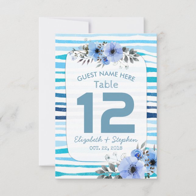 Blue Watercolor Floral Wedding Place Table Number (Front)
