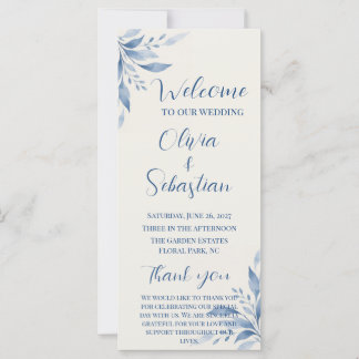 Blue Watercolor Floral Wedding Program Card