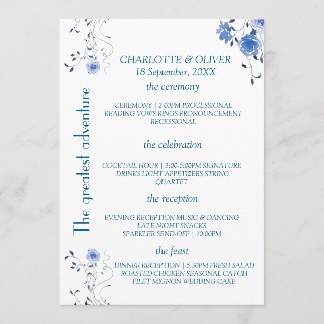 Blue Watercolor Floral Wedding Program Card Design (Front)