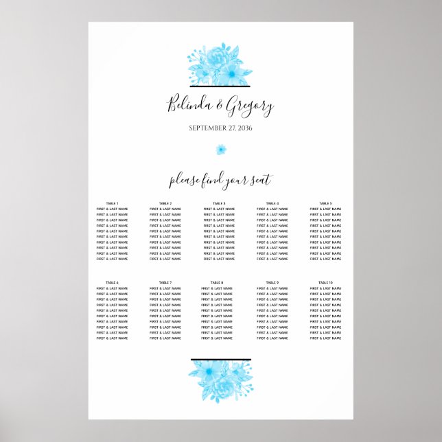 Blue Watercolor Floral Wedding Seating Chart (Front)