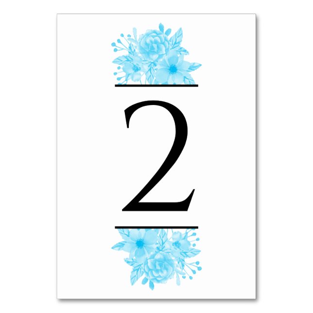 Blue Watercolor Floral Wedding Table Number (Front)