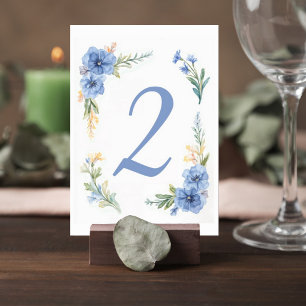 Blue Watercolor Floral Wedding Table Number Card