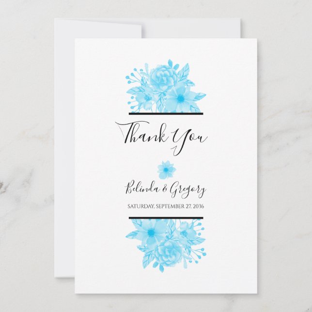 Blue Watercolor Floral Wedding Thank You Card (Back)